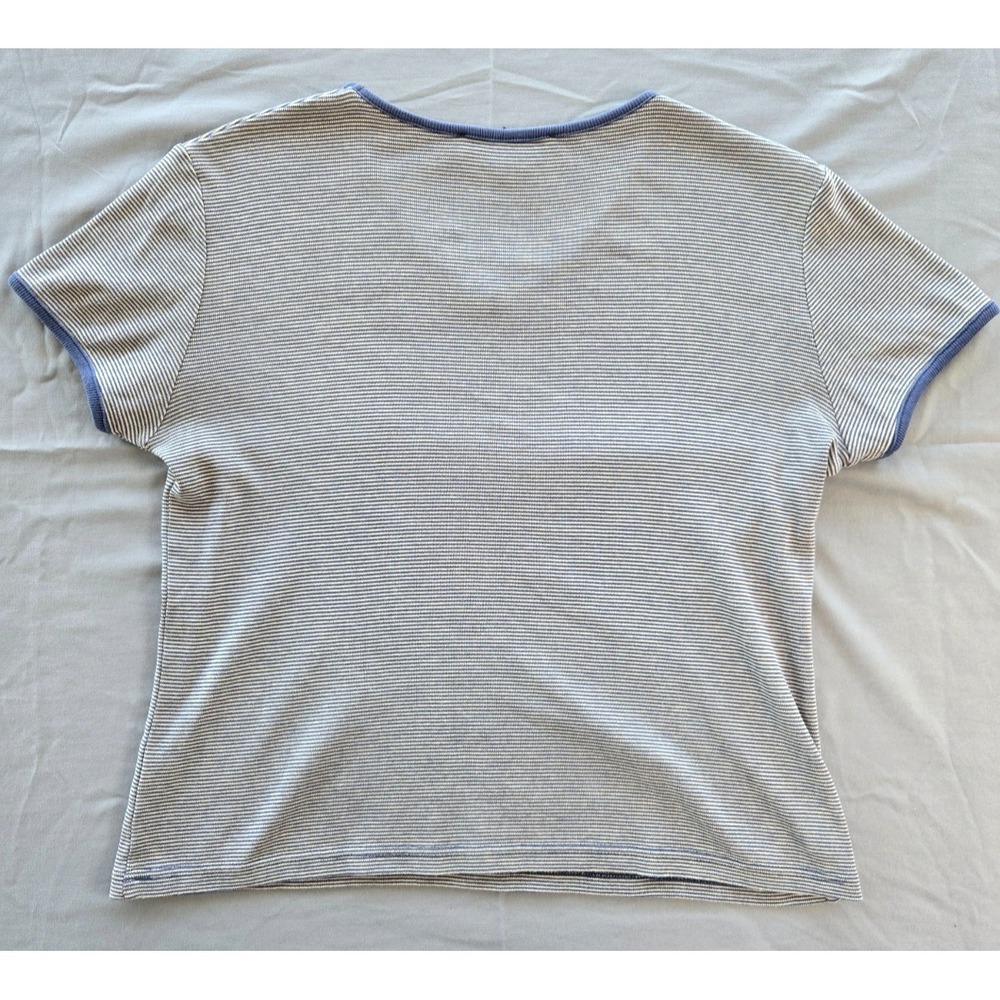 Vtg Theme Striped Top V neck Short Sleeves Minimalist Quiet Luxury Blue Nautical - Picture 6 of 15